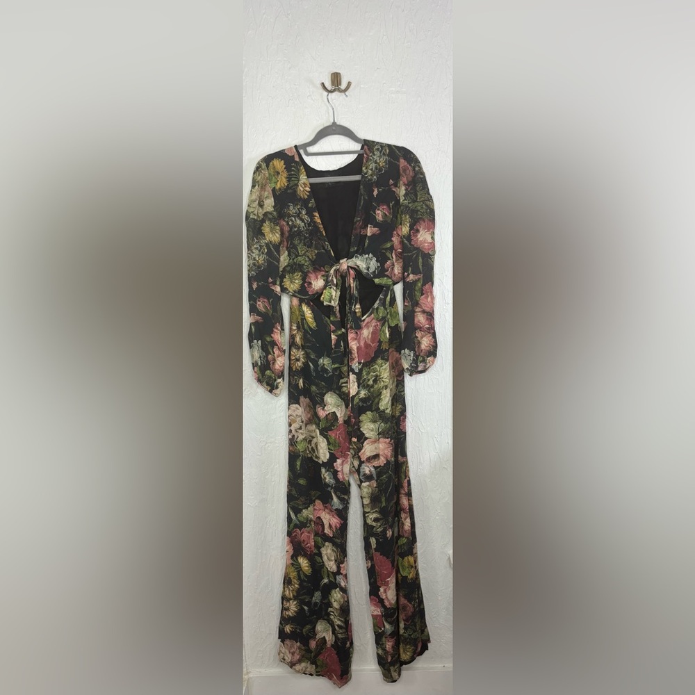 Reformation Floral tie front/ v-neck wide leg jumpsuit Black Size 4 - Picture 4 of 12